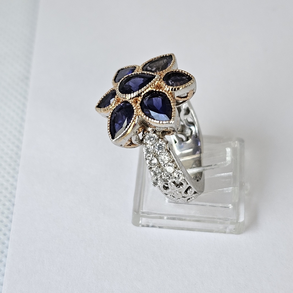 Genuine Iolite & White Zircon Ring Palladium Sterling Silver 18k RG Sz 8 - Picture 4 of 8